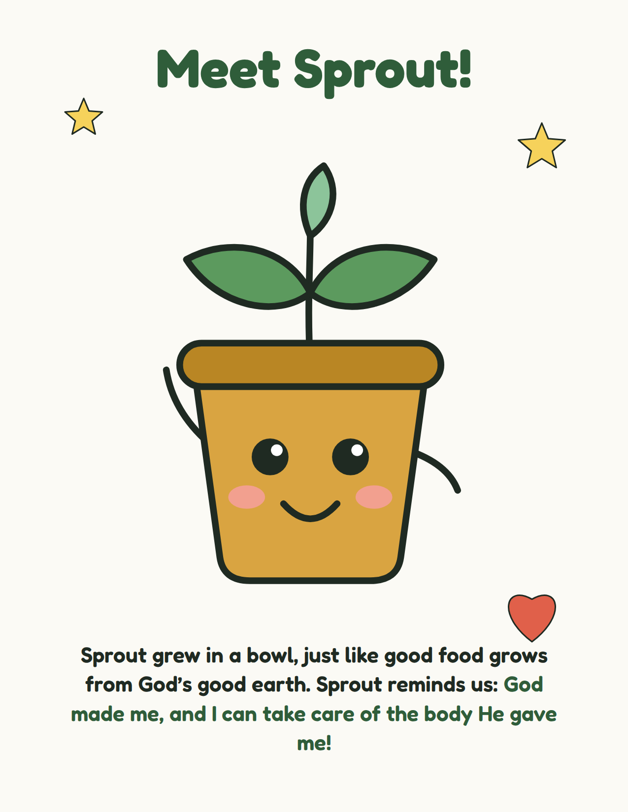 Sprout, a smiling plant in a gold pot, waving